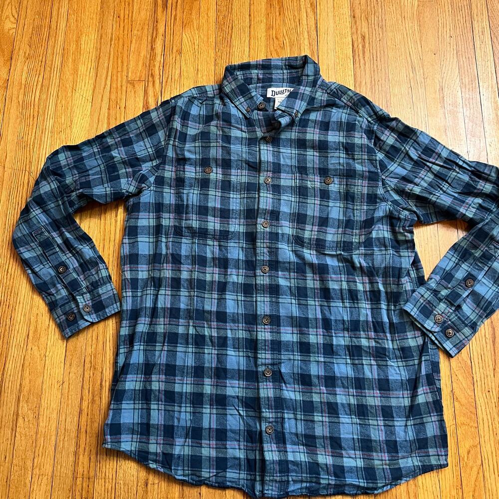 Duluth Trading Shirt Mens XL Tall Free Swingin Flannel Button Up Blue Plaid